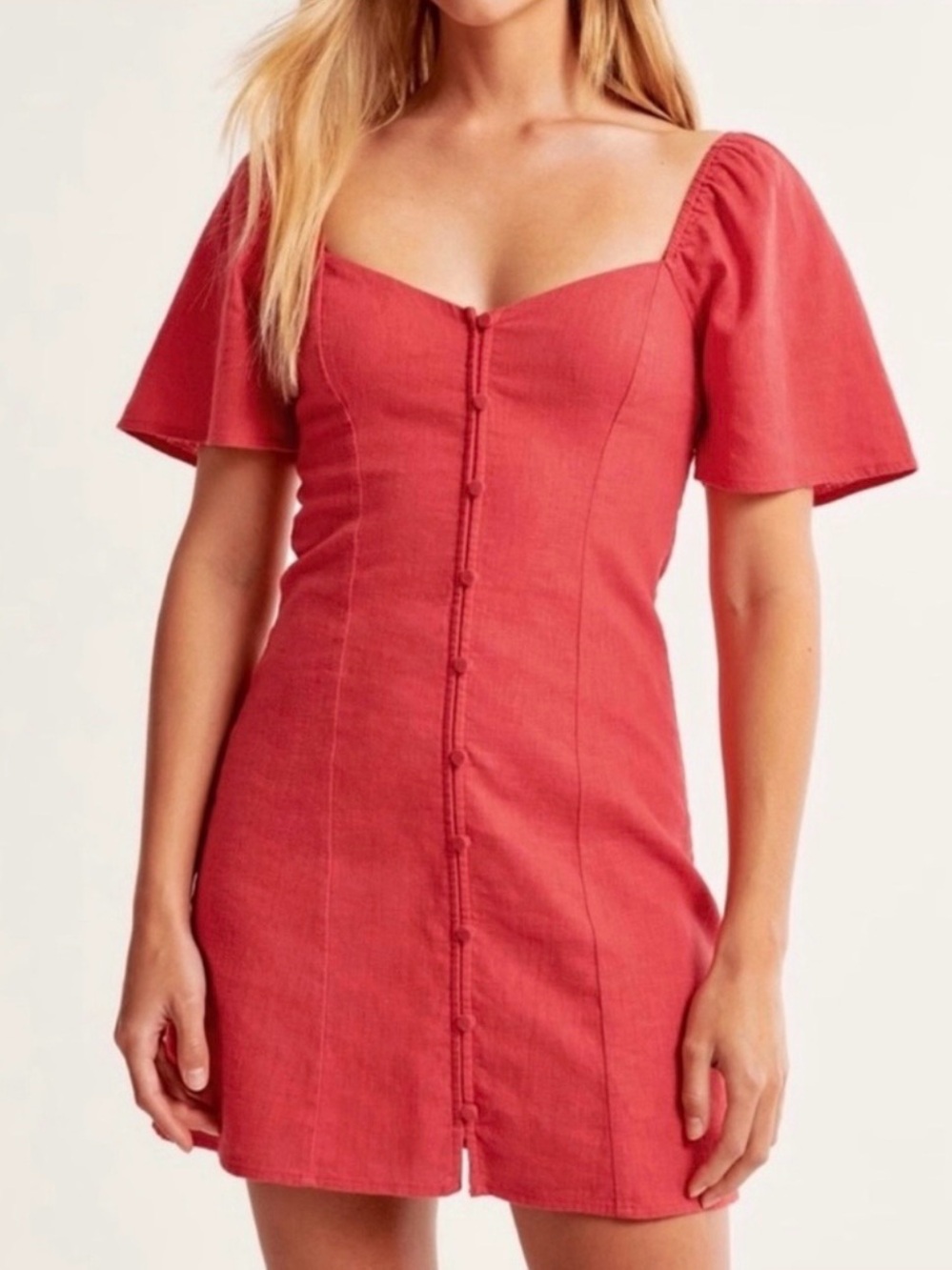 Abercrombie & Fitch Red Linen-Blend Button Mini Dress with Sweetheart Neckline